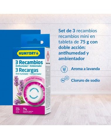 Recambios antihumedad 3x75g con aroma ideal para espacios pequeños o cerrados