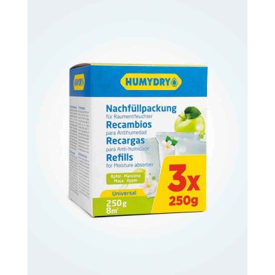 Recambios antihumedad Humydry en bolsitas de 250g aroma manzana. Pack de 3 unidades