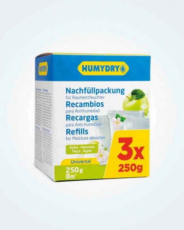 Recambios antihumedad Humydry en bolsitas de 250g aroma manzana. Pack de 3 unidades