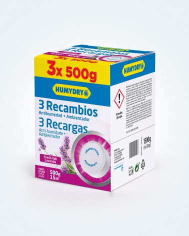 Recambios antihumedad Humydry en tabletas Pack 3x500g aroma lavanda
