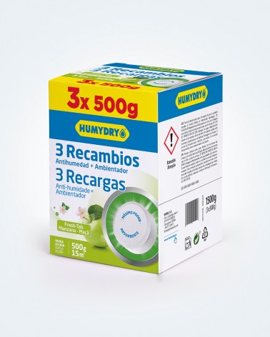 Recambios antihumedad Humydry en tabletas Pack 3x500g aroma manzana
