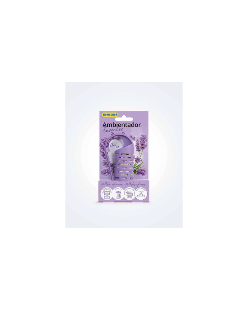 El Clip Ambientador HUMYDRY® Lavanda es un ambientador que deja un ligero aroma a lavanda y trabaja contra los malos olores.
