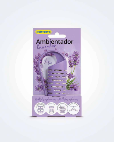 El Clip Ambientador HUMYDRY® Lavanda es un ambientador que deja un ligero aroma a lavanda y trabaja contra los malos olores.