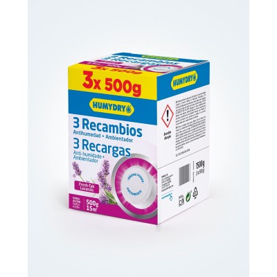 Recambios antihumedad Humydry en tabletas Pack 3x500g aroma lavanda