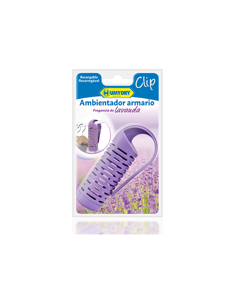El Clip Ambientador HUMYDRY® Lavanda es un ambientador que deja un ligero aroma a lavanda y trabaja contra los malos olores.