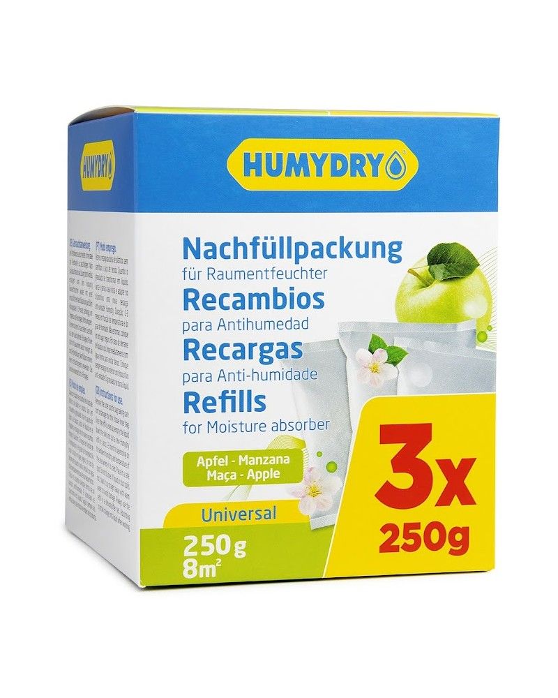 Recambios antihumedad Humydry en bolsitas de 250g aroma manzana. Pack de 3 unidades